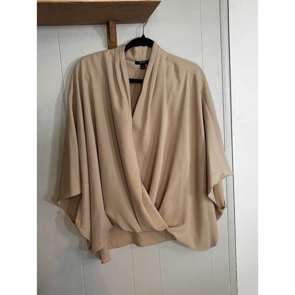 Alfani Womens Blouse 1X Tan Beige Draped Wrap Surplice Mock Neck Top